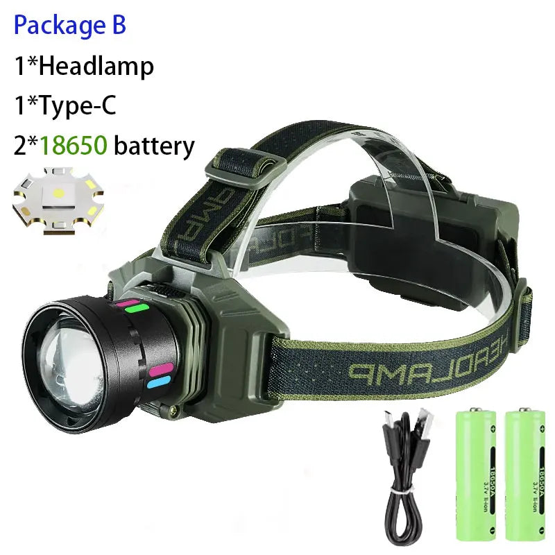 lampe frontale led vert noire tissu motifs pratique camping pêche chasse lumière réglable charge