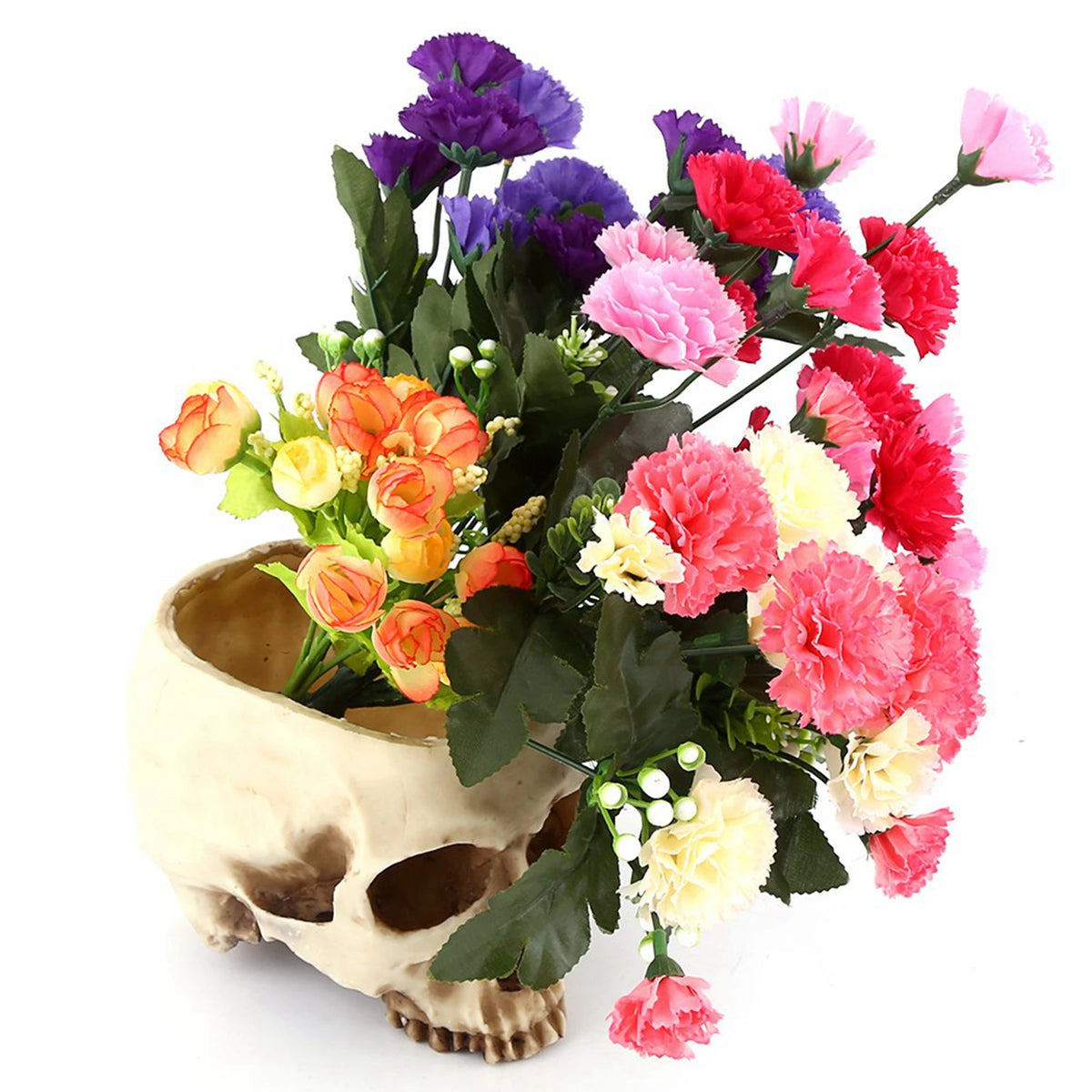 pot fleurs artificielles crâne osseux halloween décoration macabre blanc marron violet rose orangé jaune