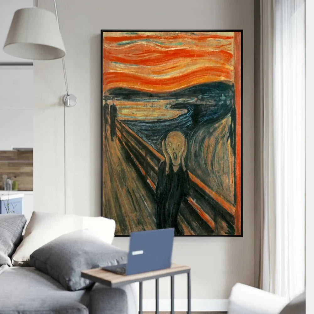 tableau abstrait the scream peinture huile lignes ondulées deco maison mur vertical orange noir