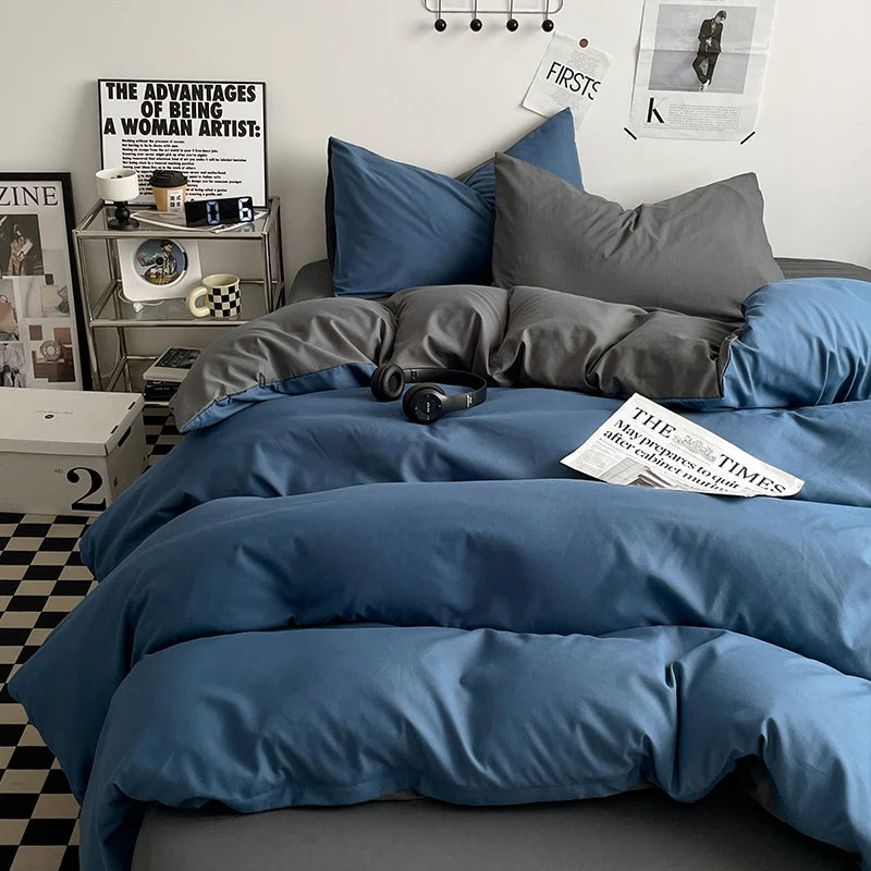 parure lit ensemble housse couette double deux taies d'oreiller coton moderne