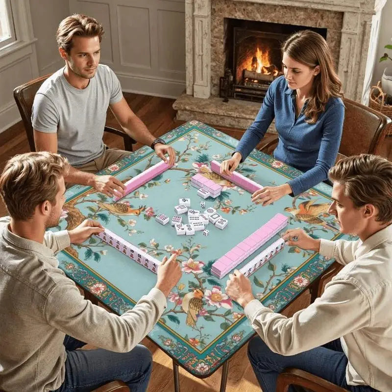 tapis jeu mahjong bleu clair motif floral oiseaux caoutchouc antidérapant jeux société
