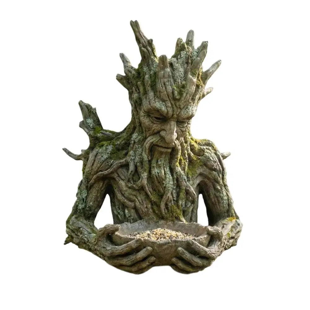 mangeoire oiseaux forme homme arbre verte deco jardin sculpture barbe cheveux naturelleextérieur forêt graines