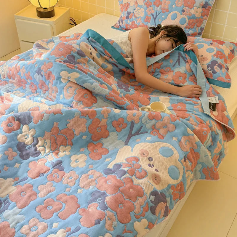 couverture coton jacquard fleurs animaux enfantine voyage maison lit grande taille oreillers