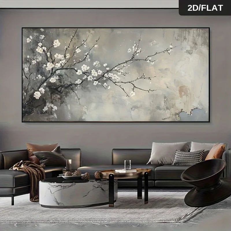 toile peinte fleurs blanches abstrait moderne gris blanc salon grande taille horizontal