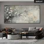 toile peinte fleurs blanches abstrait moderne gris blanc salon grande taille horizontal