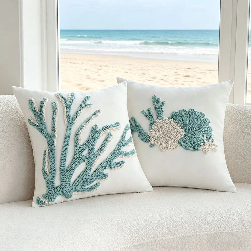 housse coussin carrée marin motif corail bleu 100% polyester blanc decoratif maison lit chaise