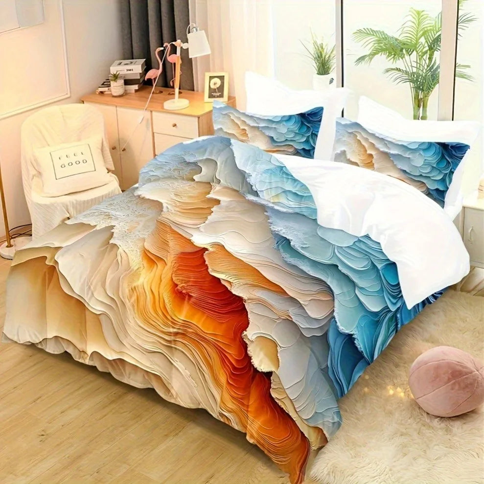 housse couette polyester impression 3d moderne bleu orange abstraite ondulée double king queen