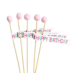 décorations gâteau happy birthday multicolore nounours chapeau banderoles géométriques festives piquées bois