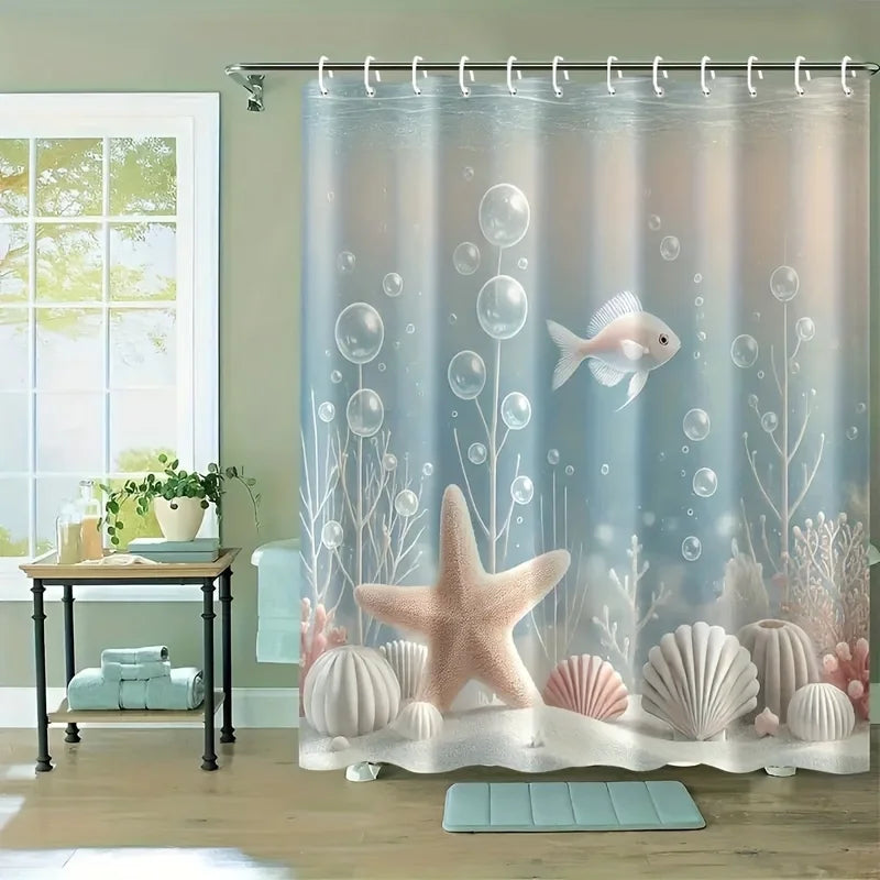 rideau douche thème marin bleu clair rose pâle étoiles mer coquillages poissons bulles moderne