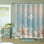 rideau douche thème marin bleu clair rose pâle étoiles mer coquillages poissons bulles moderne