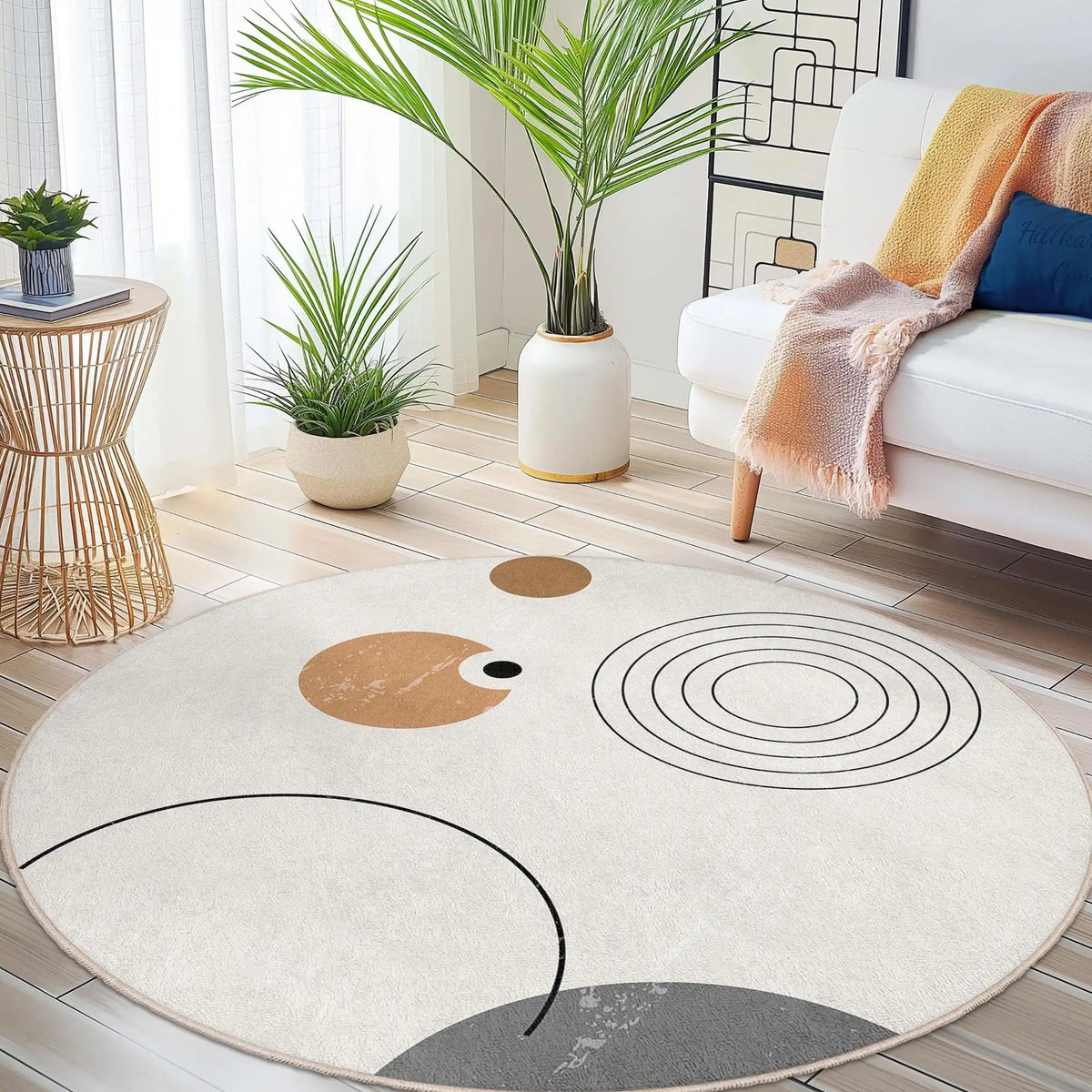 tapis rond moderne abstrait couleur beige salon chambre anti dérapant polypropylène polyester 80x80cm 120x120cm