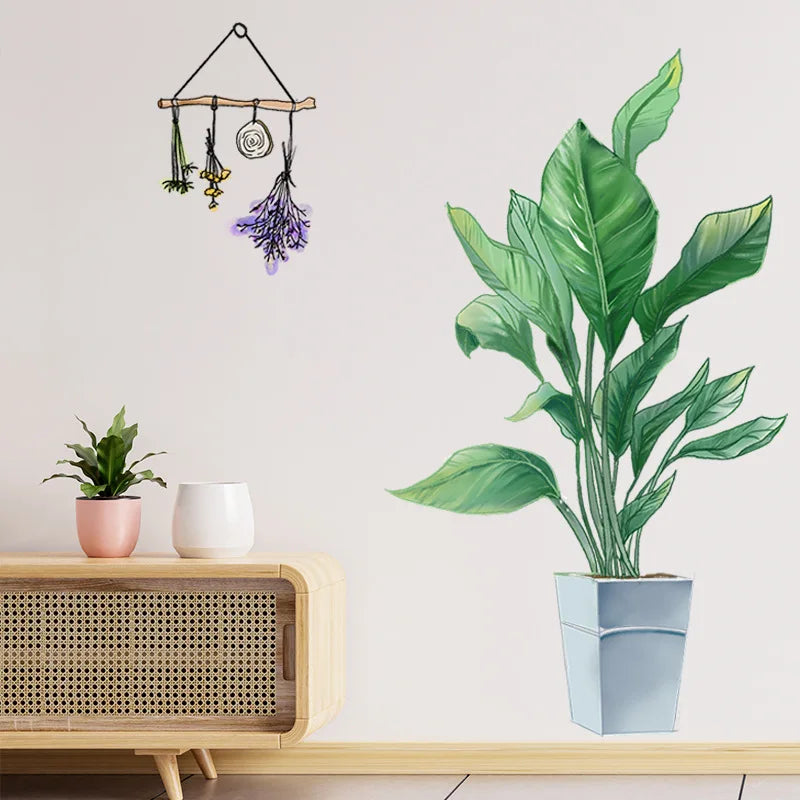 sticker mural plante verte feuilles réaliste auto adhésif pvc résistant eau moderne chambre salon