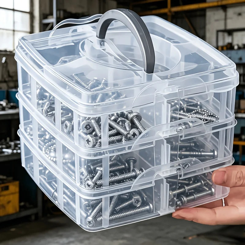 boîte rangement vis transparente pratique trois étages poignée vis différentes tailles