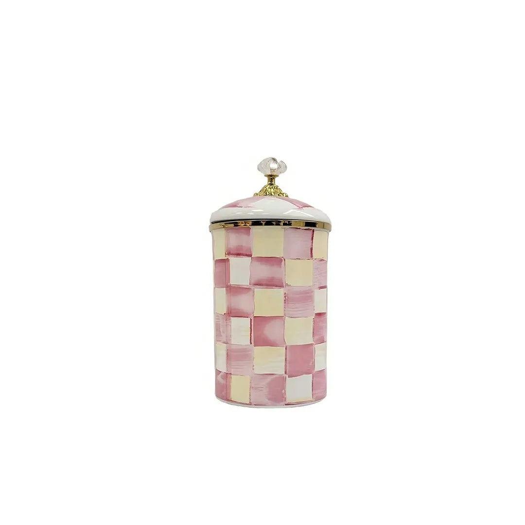 contenants cuisine porcelaine émaillée carreaux géométriques bleu blanc rose classiques