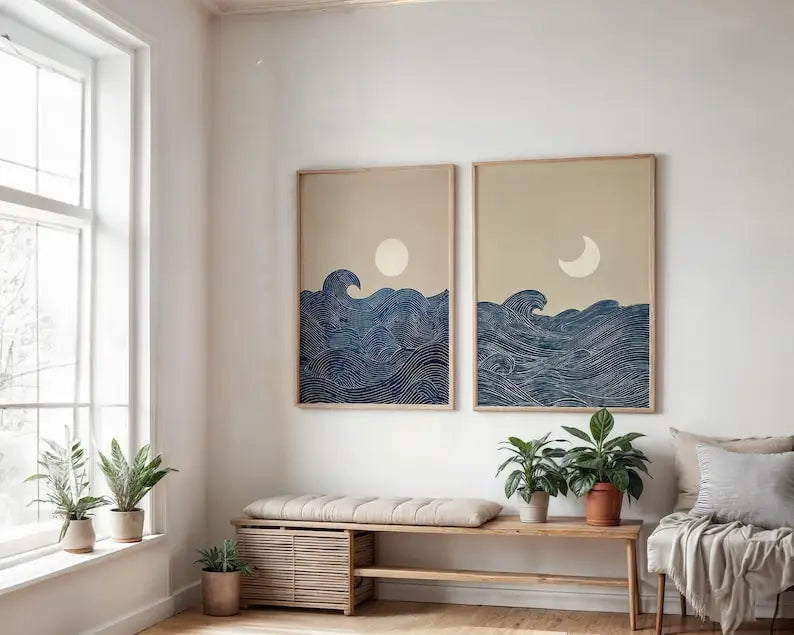 affiches modernes minimalistes abstraites lune ondes stylisées beige bleu marine blanc sans cadre
