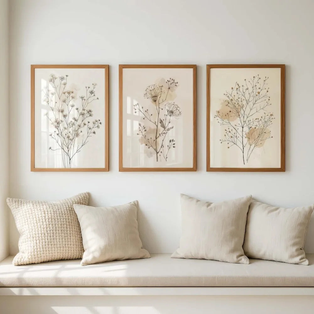toile art mural fleurs séchées beige gris clair décoration intérieure minimaliste scandinave naturel
