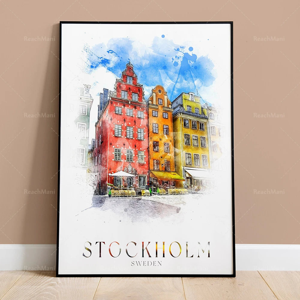 Un magnifique paysage urbain de Stockholm, en Suède, avec des bâtiments historiques colorés et une touche aquarelle.
