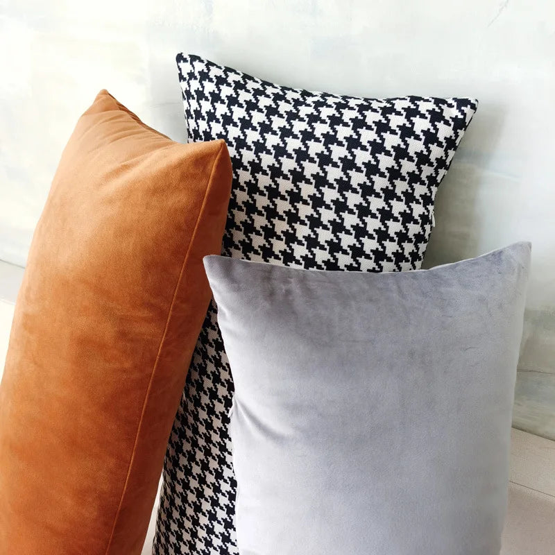 housse coussin houndstooth orange gris noir décoration intérieure contemporaine 30x70cm 35x90cm polyester opaque