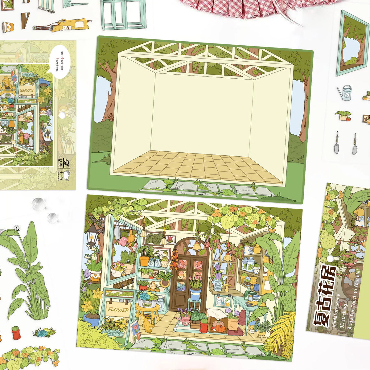 miniatures jardin scellées plantes meubles accessoires couleurs vert rouge bleu dessin animé opaques