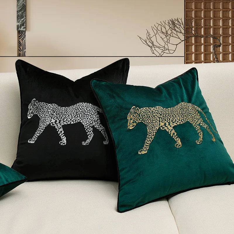 housse coussin brodée léopard velours élégante noir vert décorative maison voiture 45x45cm 30x50cm fixations