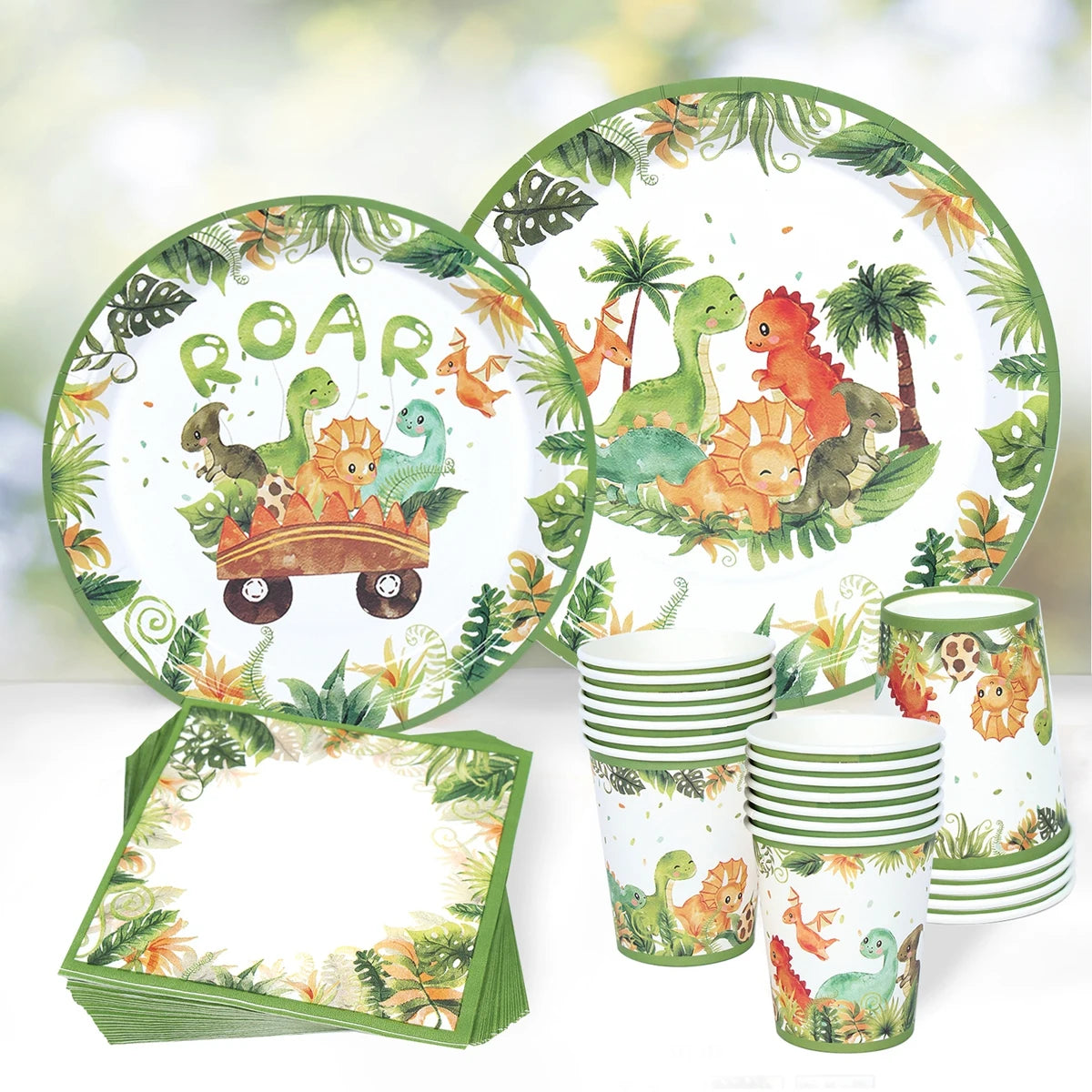 supports cupcakes dinosaures palmiers happy birthday assiettes gobelets sacs cadeaux vert orange blanc enfants