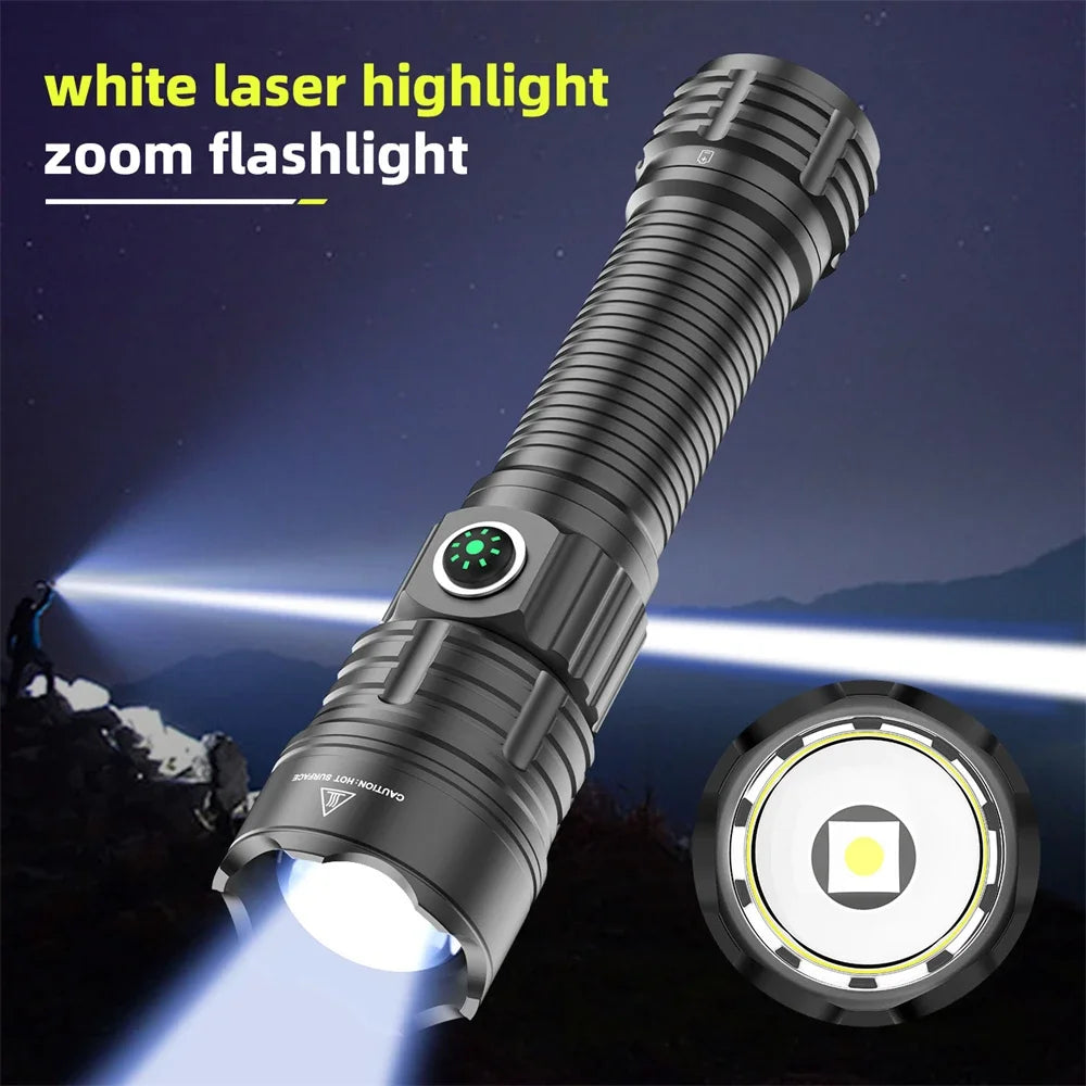 lampe torche rechargeable led noire moderne camping 500m lumiere intense durable sac transport cable