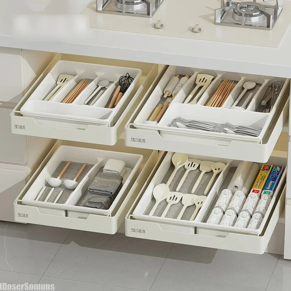 Range-couverts tiroir organisateur blanc gris avec compartiments multiples