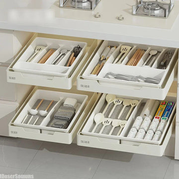 Range-couverts tiroir organisateur blanc gris avec compartiments multiples