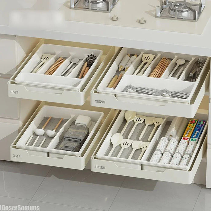 Range-couverts tiroir organisateur blanc gris avec compartiments multiples