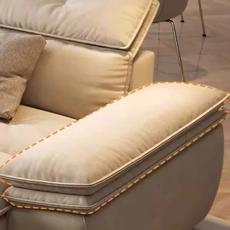 canapé d'angle moderne beige clair coussins doux bois chêne meuble salon minimaliste
