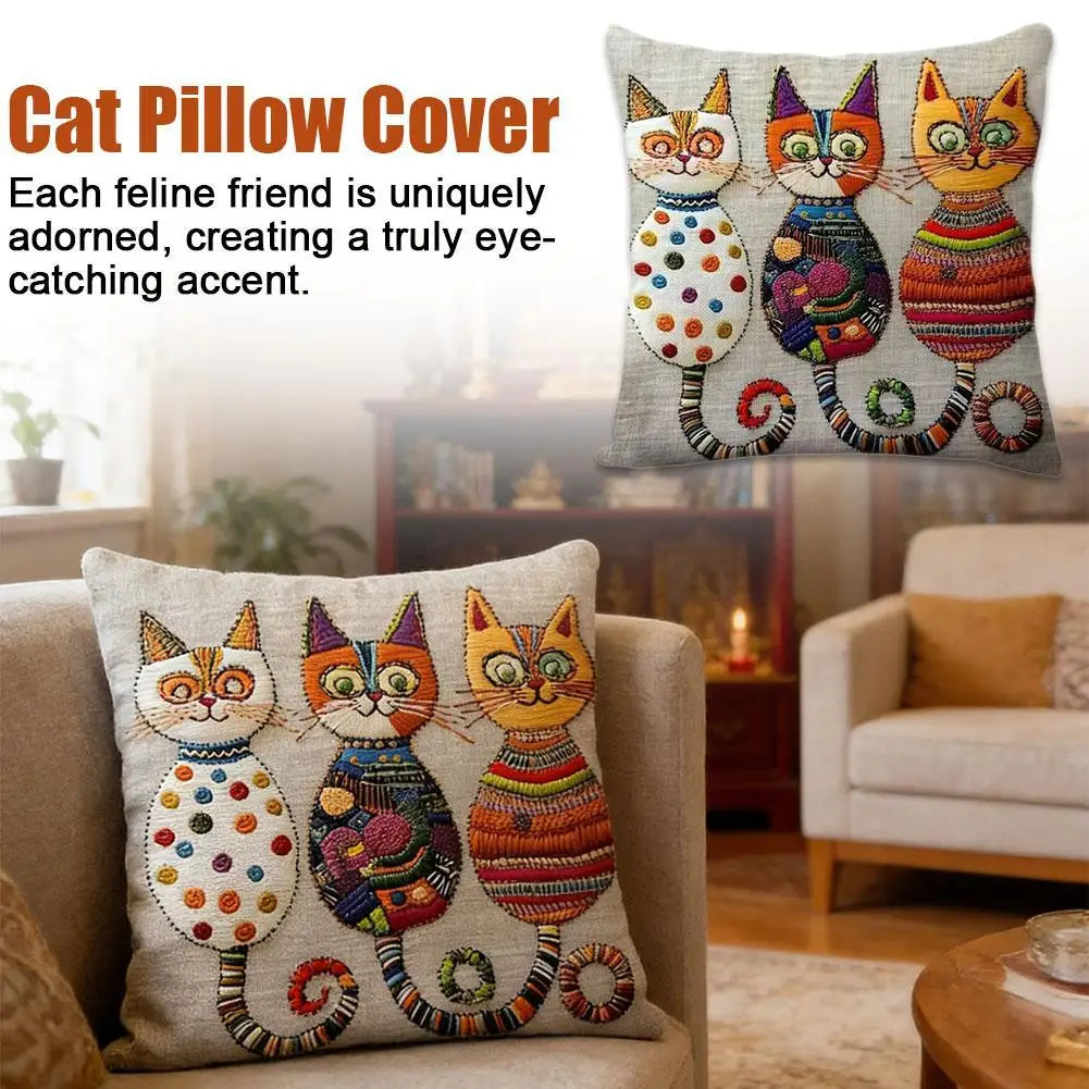 housse coussin tricotée artisanale chat multicolore boutons coton polyester décoration intérieure lit salon chambre