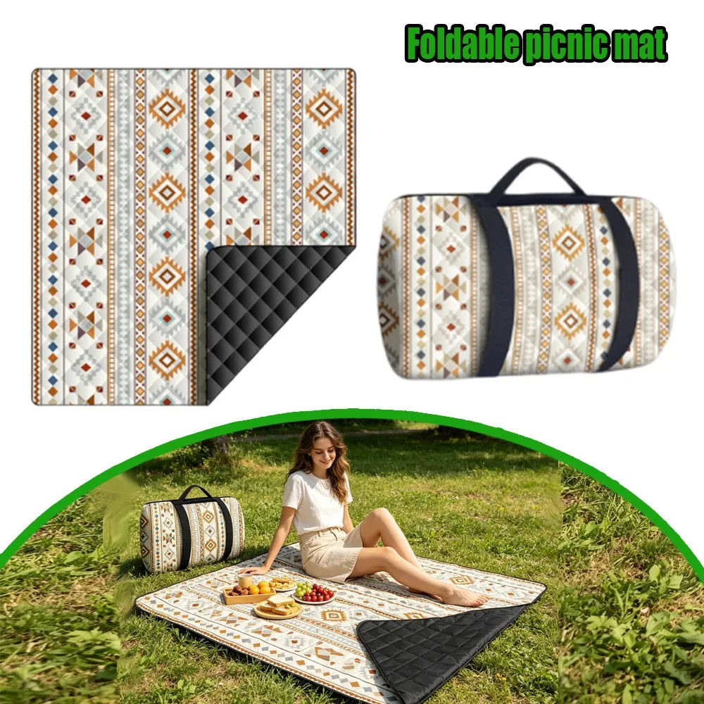 tapis pique nique pliable imperméable motif ethnique sac transport couleur beige orange bleu rouge