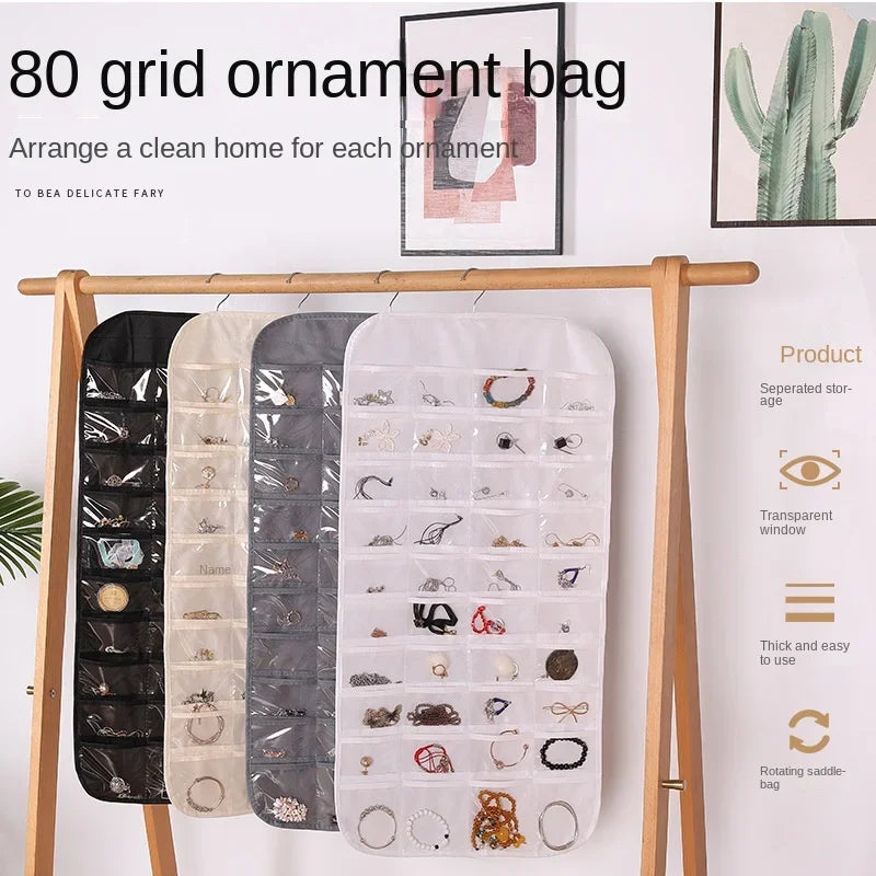 rangement bijoux suspendu noir blanc transparent moderne 40 grilles anneaux suspension