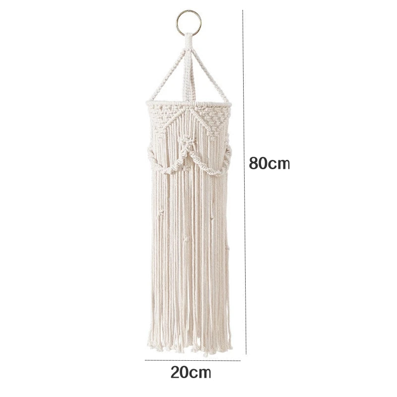 lampe suspendue boho macramé blanc cassé motifs géométriques boule bois franges decoration maison salon