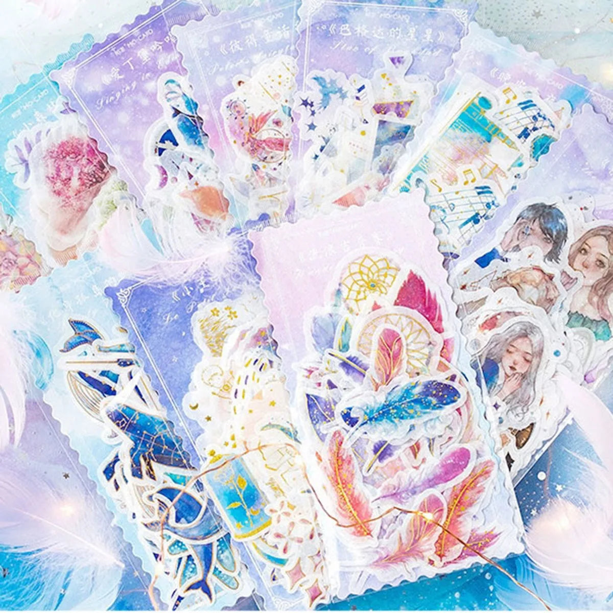 sticker decoratif violet bleu rose blanc fantastique personnages animaux cristaux plumes fleurs scrapbooking journal