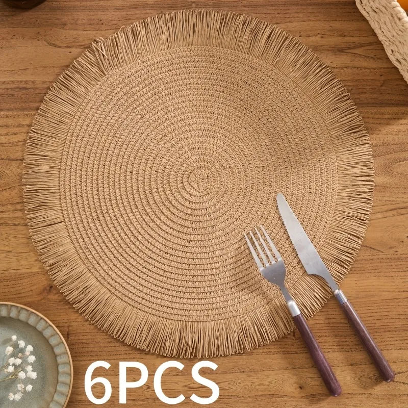tapis table rustique boho chic spirale tissu franges beige rose bleu marine