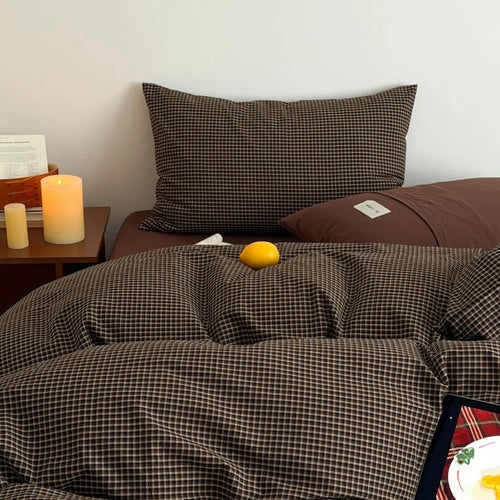 housses couette coton lavé carreaux marron clair foncé moderne 220x240cm 3pcs 200x230cm 3pcs 150x200cm