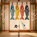 rideau porte poissons koi japonais bleu rouge jaune clips traditionnel polyester opaque