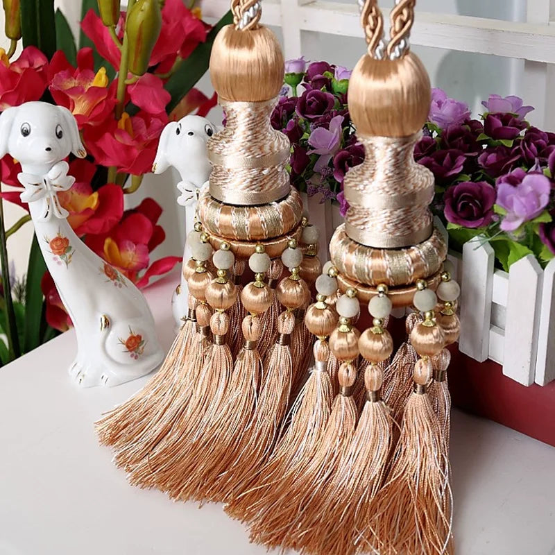 pompons rideau élégants franges couleurs bleu noir doré rayures polyester decoration maison