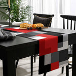 nappe géométrique rouge noir lin moderne table manger cuisine assiettes couverts