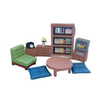 meubles salon miniature résine moderne brun bleu vert tapis fauteuil table basse bibliothèque