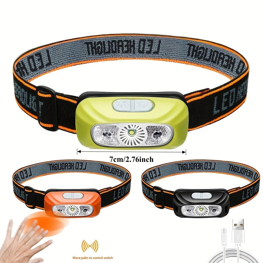 lampe frontale led rechargeable sensor switch ceinture élastique mode pratique orange vert noir