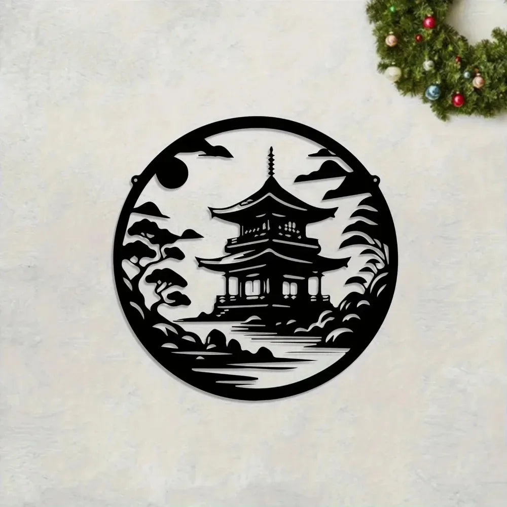 décoration murale paysage japonais pagode montagne nuit métal noir artisanal minimalisteintérieur chambre salon