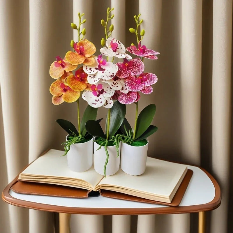 Décoration intérieure orchidées artificielles fleurs taches noires feuilles vertes pot blanc moderne chambre