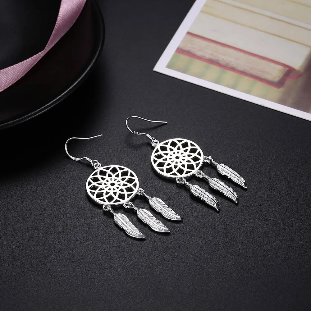 boucles d'oreilles ethniques bohèmes attrape rêves plumes filetage argenté 925 sterling femmes partie festive