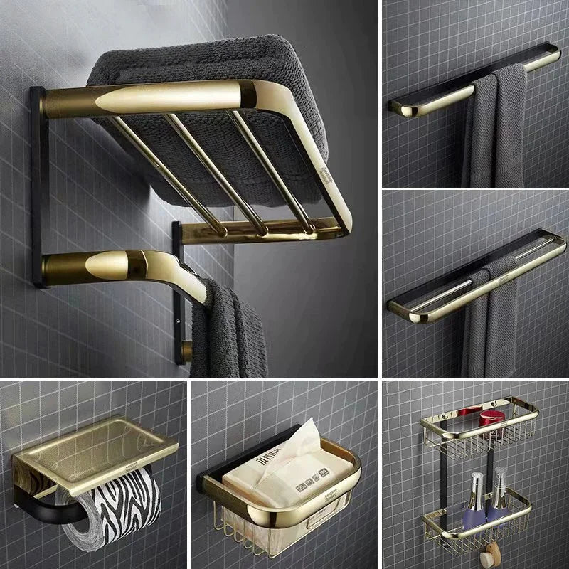 accessoires salle bain or noir moderne porte serviettes savon papier toilette gobelet brosse dents