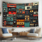 tapis mural vintage radios multicolore collage audio décor moderne chambre salon
