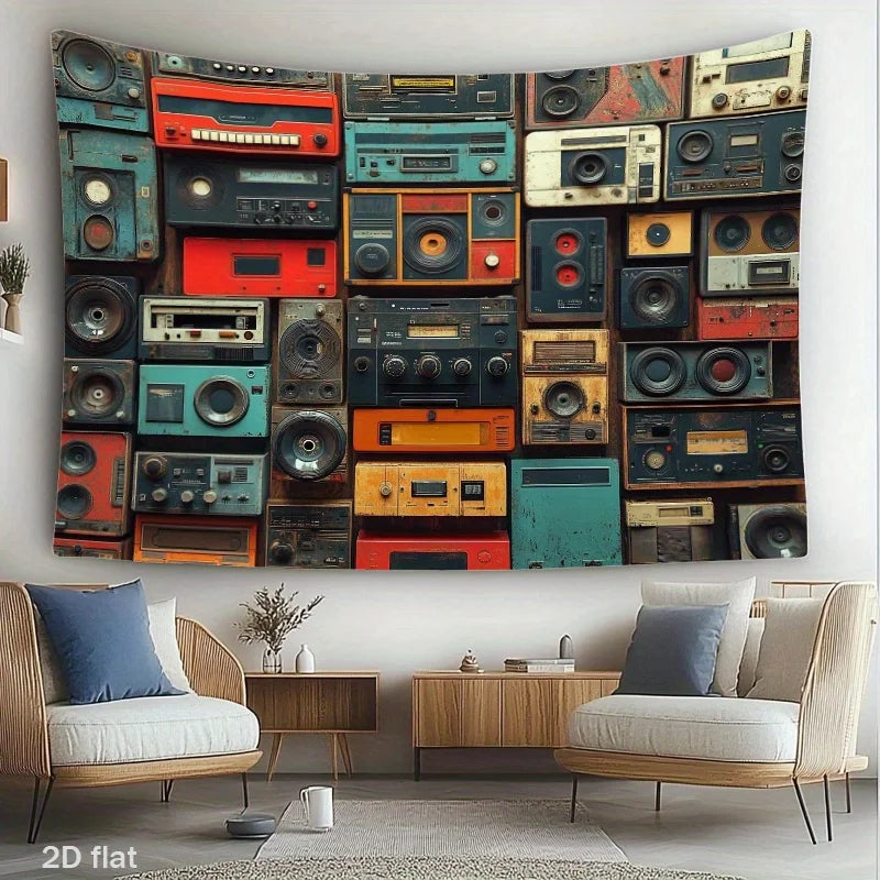 tapis mural vintage radios multicolore collage audio décor moderne chambre salon