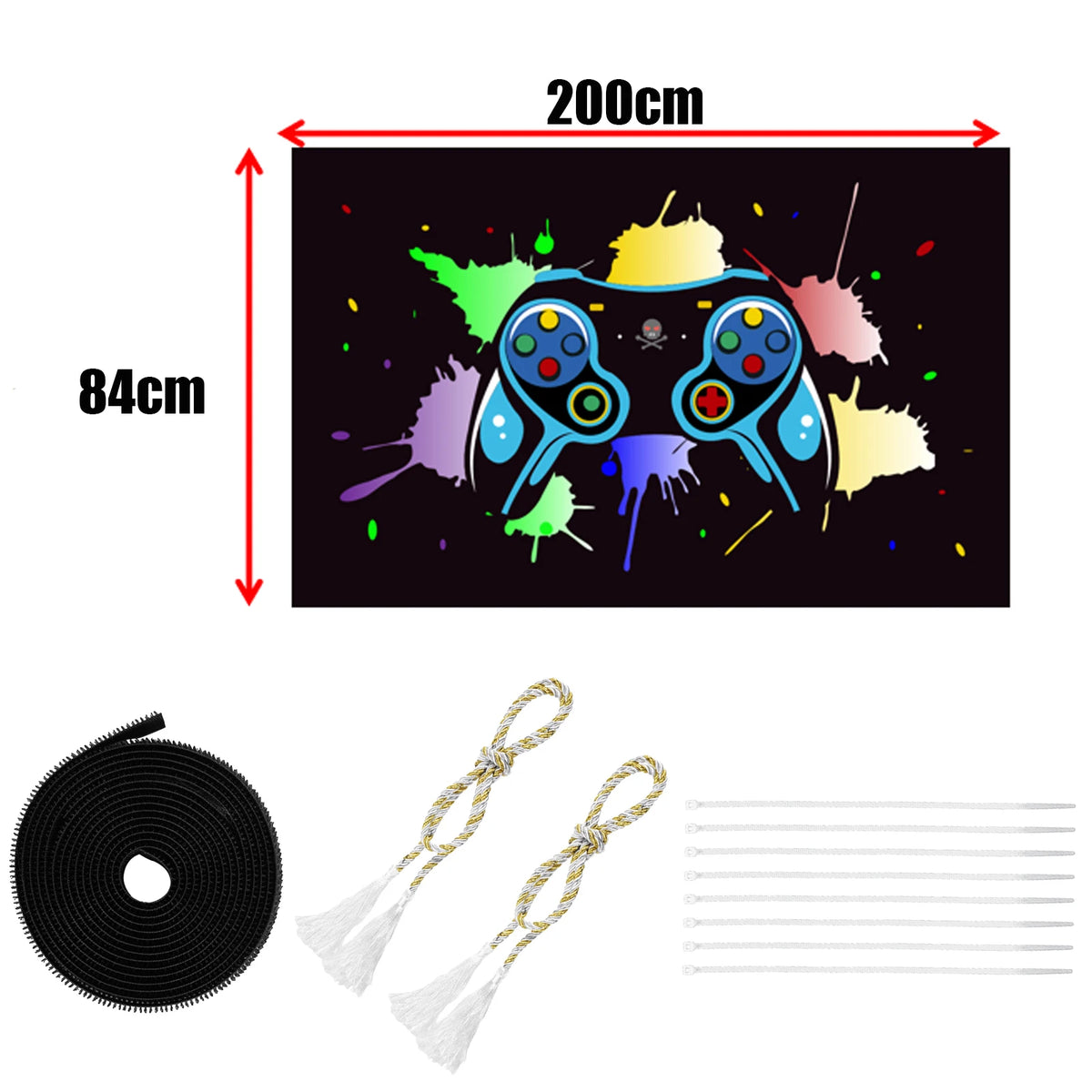 rideau moderne manette jeu noir bleu vert jaune rose violet pliés 200x115cm