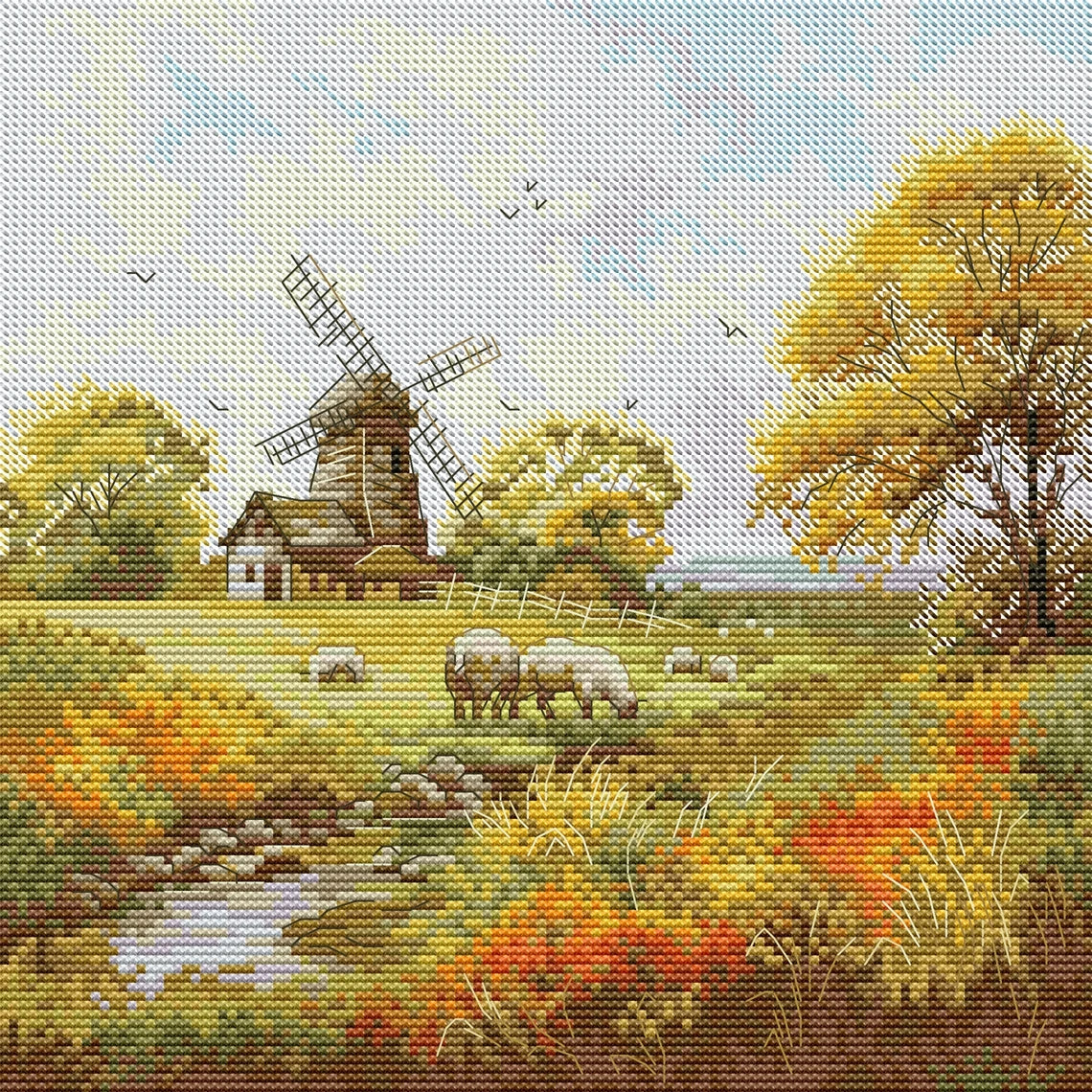 broderie point croix paysage rural moulin vent animaux arbres fleurs toile imprimée coton peinture